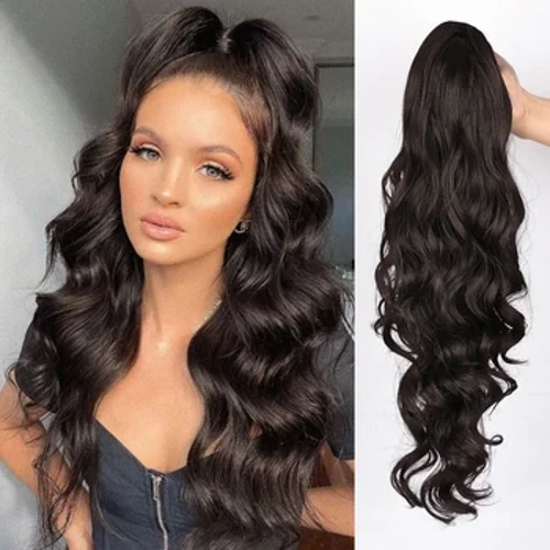 AISI BEAUTY Synthetic Ponytail Extension Mahabang Wavy Drawstring Ponytail para sa Babae clip sa mga extension ng buhok Itim na Pekeng Buhok