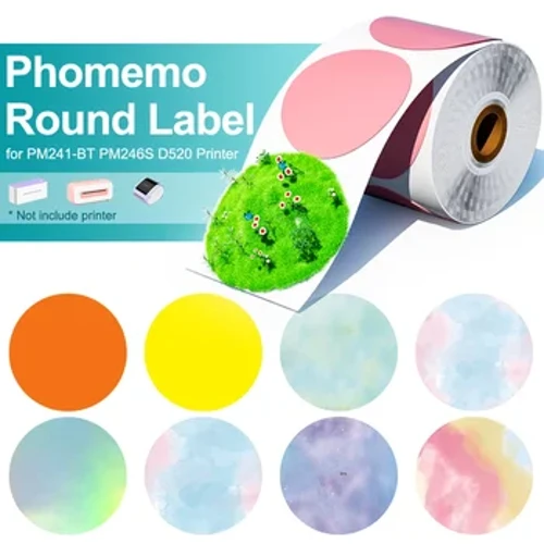 I-Phomemo PM241 Ilebula Yephrinta Yokuthumela Impahla Isitika Sephepha Eliyindilinga Isikwele Ilebula Umbala We-Rainbow Umbala Welogo ye-DIY Design Ikheli Lebhizinisi Elincane