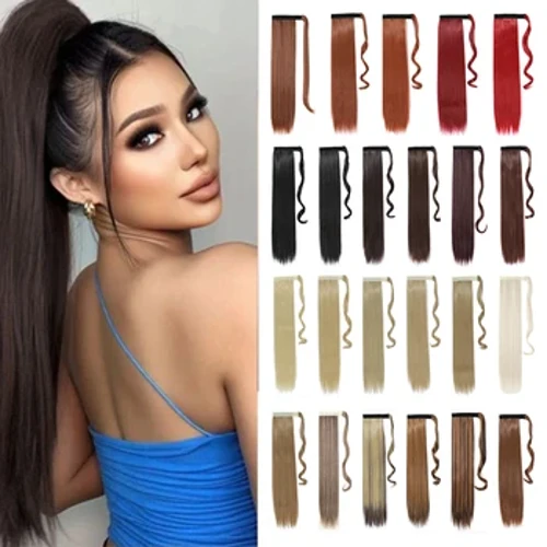 Extensions de queue de cheval droites à enrouler postiche synthétique brun moyen Extensions de cheveux queue de cheval postiches pour femmes filles