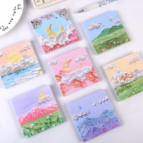 Bview Art 80 Creative Oil Painting Landscape Sticky Notes Students Office Message Notes Sticky Thickened Paper Bleed-free Ink