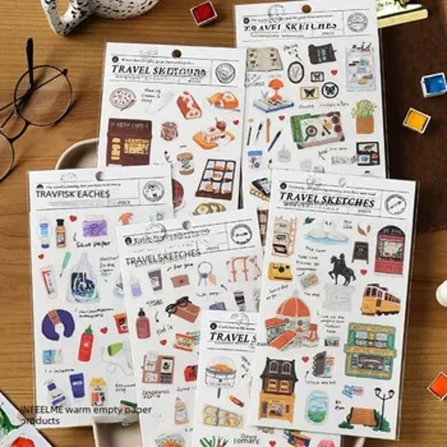 6-osaiset Fresh Artistic Travel Sketch -sarjan paperitarrat Kädessä pidettävät materiaalit Sisustustarrat raikas taiteellinen tyyli