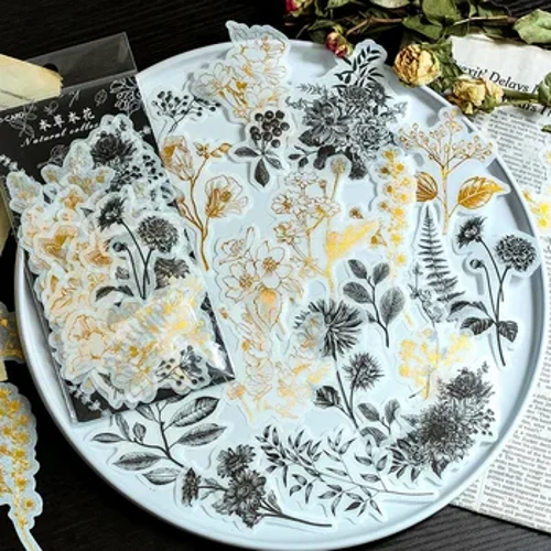 60 Pepa/Paʻi Hoʻohanohano Vintage Journal Diary Gold Skull Paper Flower Plant Stickers Scrapbooking Flakes Stationery