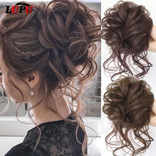 LUPU Coc de păr sintetic Chignon dezordonat Bandă de păr creț Elastic Scrunchy Piese de păr false pentru femei Agrafe Negru Maro