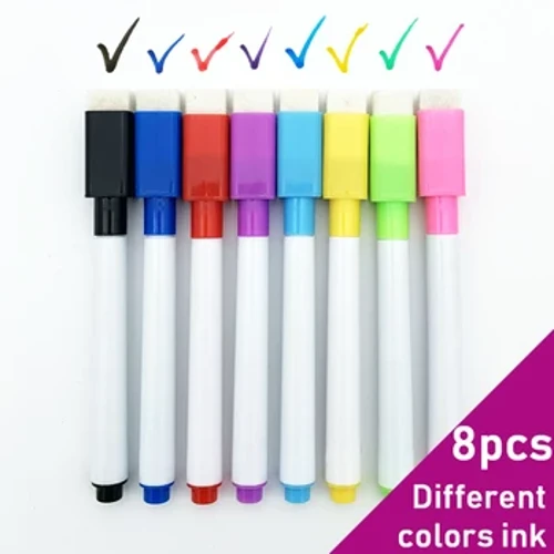 8 Warna Marker Papan Tulis Magnetik sing Bisa Dibusak kanthi Tutup Magnetik lan Penghapus Kapur Cair Pena Dihapus Seni Marker Alat Tulis