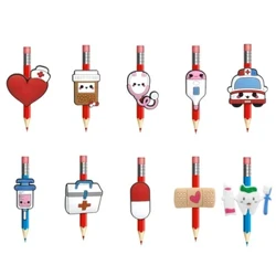 8-10pcs Gleoite Soláthairtí Leighis PVC Peann Caps Pencil Topper Stáiseanóireacht Bandage Pill Clúdach Peann Tuí Stethoscope Charm Bronntanas Dochtúir