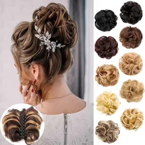 Synthetesch Chignon Messy Bun Claw Clip an Hoer Stéck Gewellt Curly Hoer Bun Ponytail Extensions Scrunchie Hoerpieces fir Fraen