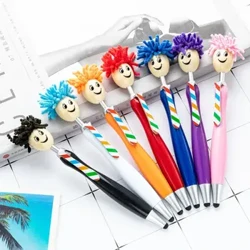 Penne a sfera per pittura del viso sorridente Espressione facciale Penne a sfera a forma di bambola di cartone animato Testa di mop per capelli in peluche creativa