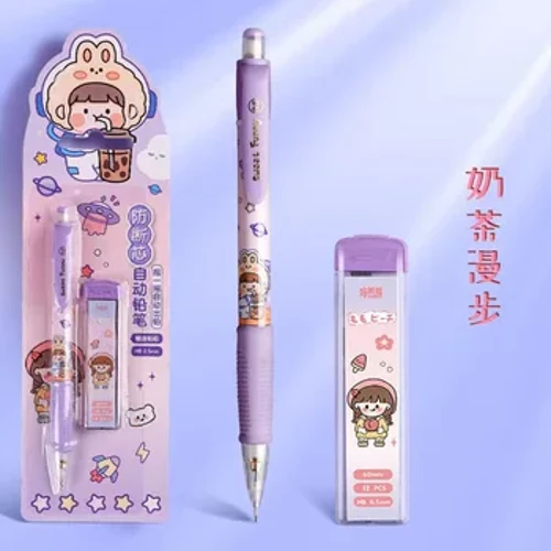 Stylo poussoir de niveau d'apparence élevée, crayon automatique, dessin animé mignon d'école primaire, non toxique avec tête de gomme