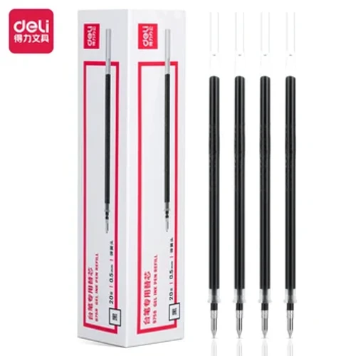 20PCS / BOX Deli S758 0,5 mm Stol ruçkasyny doldurmak Bullet kellesi gel ruçkany doldurmak Gara reňkli syýa 132mm / 5.2 dýuým uzynlykdaky ruçka doldurmak