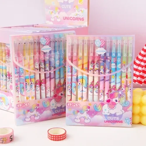 12 Buah/Banyak Lucu Kawaii Unicorn Dihapus Gel Pena Yang Dapat Dilepas 0.5 Mm Tinta Hitam Netral Pena Kartun Pena Anak Sekolah Alat Tulis Kantor