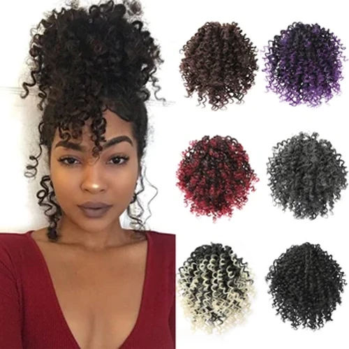 Afro bouffée cordon queue de cheval court crépus bouclés Extensions de cheveux synthétique Chignon postiches Chignon cheveux avec deux Clips