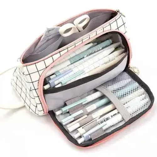 Bag Storio Pen llonydd Bag Pensil Pen Aml Haen Cynhwysedd Mawr Bag Storio Teithio Cosmetig Achos Pensil Plaid Syml