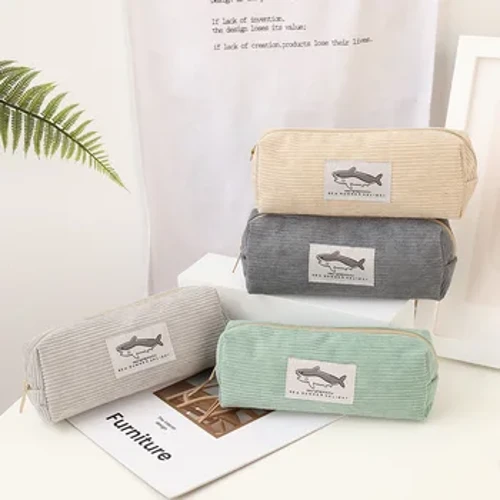 Simpatico astuccio in velluto a coste Astuccio per penne con ricamo a forma di squalo, regalo per ragazze e bambini, forniture per organizzatori di cancelleria per ufficio scolastico