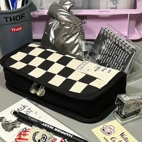 Kawaii piórnik w szachownicę o dużej pojemności płócienna torba na długopis modne pudełko na artykuły biurowe powrót do szkoły dla przyborów szkolnych dla dziewcząt