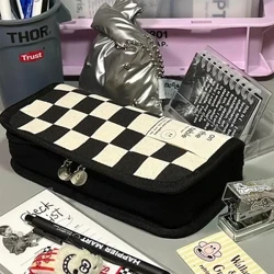Kawaii Checkerboard Đựng Dung Tích Lớn Canvas Túi Bút Thời Trang Hộp Văn Phòng Phẩm Trở Lại Schoolfor Bé Gái Đồ Dùng Học Tập