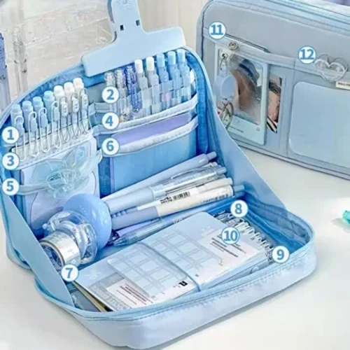 Estojo de lápis azul macaron para meninas, design estético, bolsa com zíper, material de papelaria de grande capacidade para escola