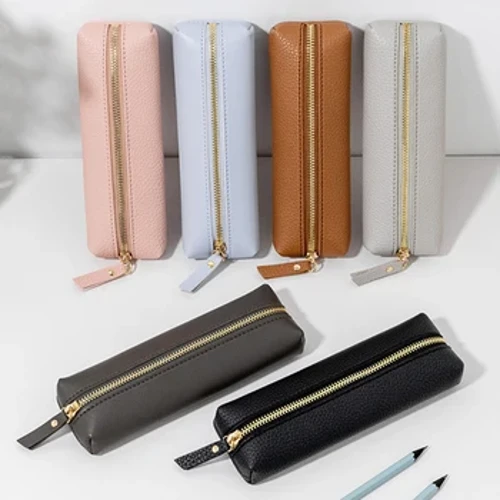 Sac à stylos en cuir Pu Simple, couleur unie, grande capacité, sac de papeterie souple, étui à stylos, pochette à crayons à fermeture éclair, fournitures scolaires pour étudiants
