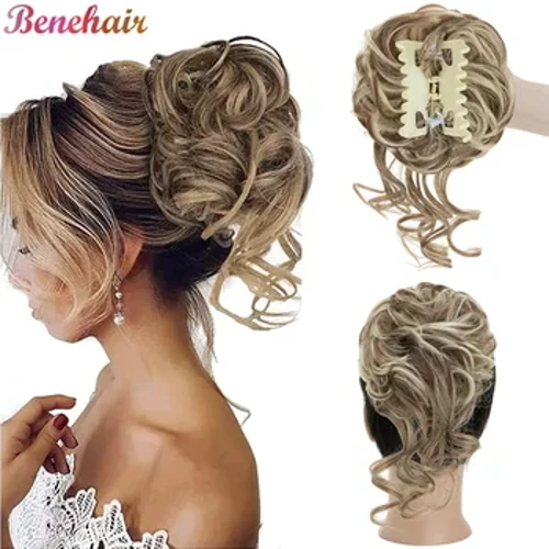 Benehair sintetinis nagas Chignon Moteriški netvarkingi garbanoti pūkuoti plaukų segtukai surišti į uodegą plaukų priauginimo natūralūs dirbtiniai plaukeliai 65 g