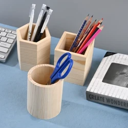 Pemegang Pensil Meja Kantor Kayu Persegi/Bulat/Hexagon Pemegang Pena Pot Cangkir Wadah Alat Tulis Penyimpanan Organizer Perlengkapan