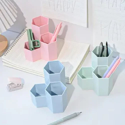 Lapo'a Lafoa Hexagonal Desktop Fa'atonu Peni Fa'amau e teu ai Penitala Ipu 3 Slot Stand Sapalai Ofisa a le A'oga