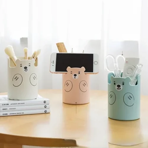 Kawaii Bear Pensil Deiliad Pot Brwsh Storio Cynhwysydd Desg Trefnydd Deiliad ffôn amlswyddogaeth Llyfrfa Cyflenwadau Swyddfa