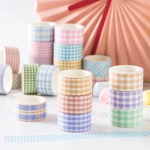MOHAMM-Rainbow Plaid Decoration Washi Masking Tape Sæt, Scrapbog Stationær til håndværk, Scrapbog, Journal, DIY, 4 ruller