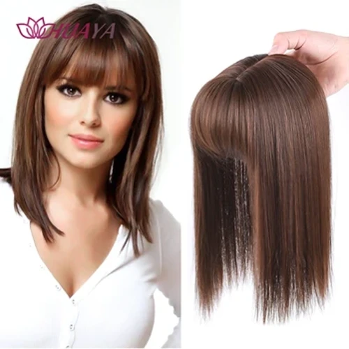 HUAYA Topper Haarstuk Onzichtbare Naadloze Lange Rechte Pruik Pony Clip Overhead Natuurlijke Onzichtbare Vervanging Cover Wit Haar