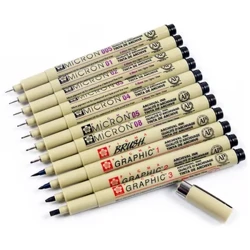 1 stykke Pigment Liner Pigma Pen Micron Marker Pen 0,05 0,1 0,2 0,3 0,4 0,5 0,8 Pensel Anden spids Sort Fineliner Skitse Pen
