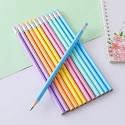 12Pcs Macaron Wood Pencil with Eraser Triangle Shiny Rubber Head Sketch Drawing Pencil Office Learning School Officere HB Pencil