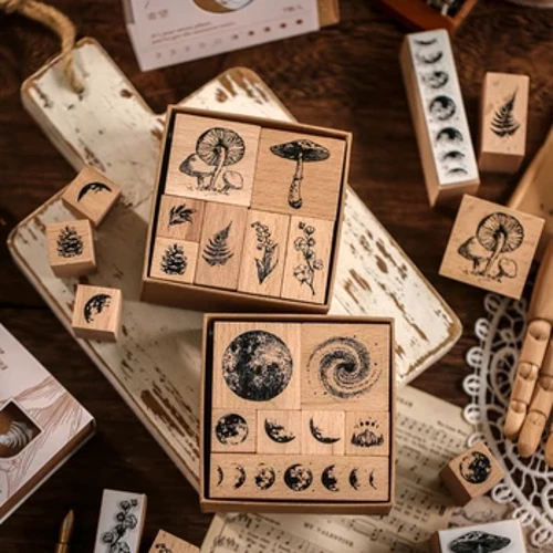 Yoofun 7 pieza/multzo Vintage Landareak Ilargiaren faseak Egurrezko zigilu estandarra Egurrezko gomazko zigiluak Scrapbooking Papergintza DIY Artisautzarako
