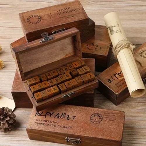 Perangko Huruf Alfabet Kayu Vintage Huruf Kecil Huruf Kecil Stempel Karet DIY Self Ink Pad Diary Ablum Kerajinan Seni Buatan Tangan