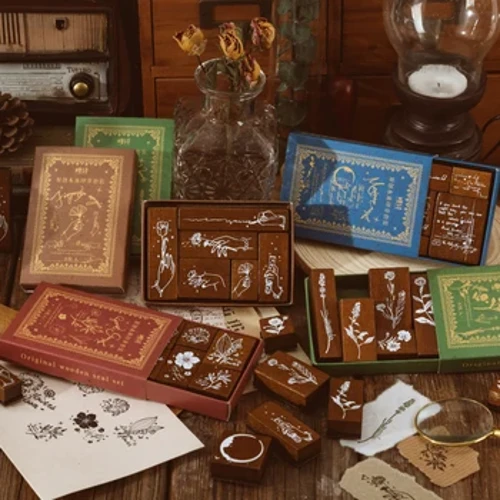 Yoofun 6 pcs/kaxa Vintage zigiluak lore-landareekin egurrezko gomazko zigilua gutunetarako egunkarirako brikolajea eskulanak ebakinen txartelak egiteko