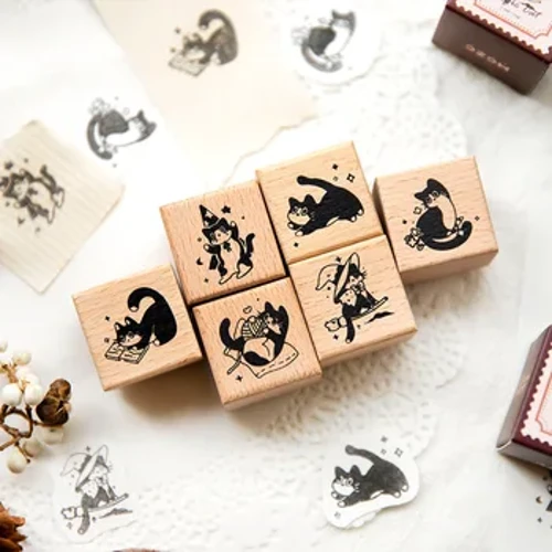 1 db Aranyos kis fekete macska dekorációs bélyegző Retro fából készült gumibélyegzők Scrapbooking írószerekhez Diy Craft szabványos pecsét
