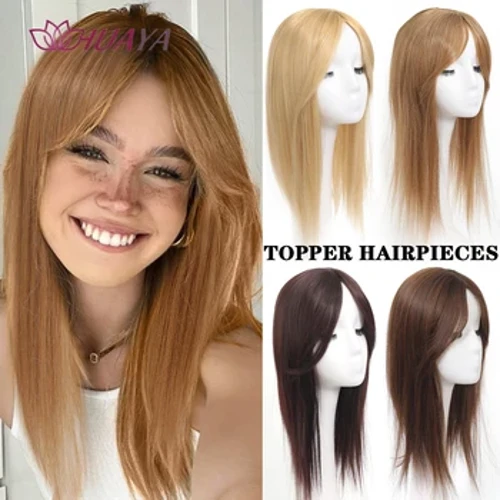 HUAYA Riichtaus syntheteschen Hoer Toppers Mat 3 Clips Hoerverlängerungen Natural Topper Hoerstécker Fir Fraen mat Bangs Natierlech Faarf