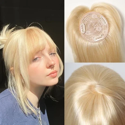Topper per capelli umani biondi da 12 pollici per donne Clip per capelli diradati in pezzi di capelli con frangia Clip di seta per capelli umani Remy veri nei capelli
