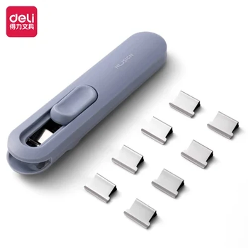 Deli Portable Hand Paper Clip Dispenser Stapler na may 8pcs Metal Refill Clips File Document Clamp Binding Tool Clipper
