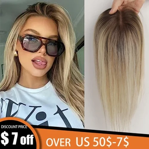 100 % Remy-Menschenhaar-Topper, Ombre, Hellbraun, Blond, Mittelscheitel, Echthaarteile für Frauen mit dünner werdendem Haar, Clip-in-Topper