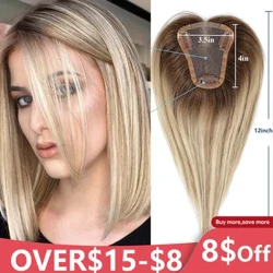 Soch to'plamlari Sariq jigarrang Ombre Remy 100% inson sochlari to'pi Ayollar uchun 12 dyuymli 150% zichlikdagi ipak asosi 3 klipli toppers
