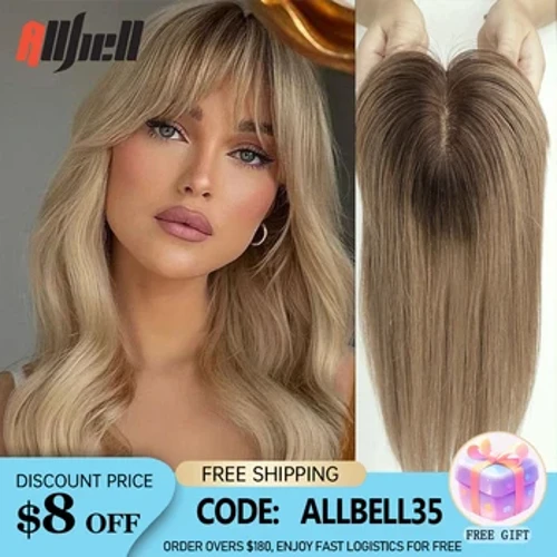 100% Remy Mënsch Hoer Toppers Ombre Brown 10 Zoll Hoer Topper Perücken Mat Bangs Seid Base Clip Stécker an Hoer Extensioun fir Fraen