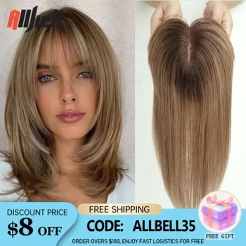 100% Remy Rambut Manusia Toppers dengan Poni 14in Coklat Ombre Potongan Rambut Manusia untuk Wanita dengan Rambut Menipis Silk Base Clip in Topper