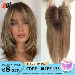 100 % Remy-Echthaar-Topper mit Pony 14 Zoll Braun Ombre Echthaarteile für Frauen mit dünner werdendem Haar Seidenbasis Clip-In-Topper