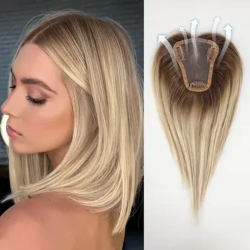 HAIRCUBE 100% Mënsch Hoer Toppers Braun Blonden Hoer Topper Seid Base Clip Stécker fir Fraen mat dënnem Hoer Clip an Toppers