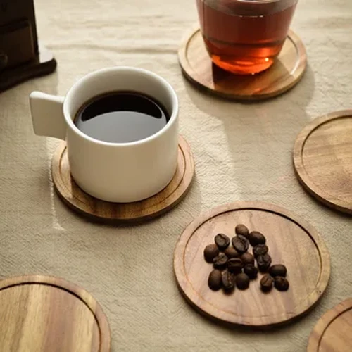 4 Zoll Acacia Wood Coaster fir Kaffisdësch Iessdësch, Bar, Ronn Coupe Mat fir Gedrénks