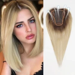 100 % människohår Toppers Blond Dark Root Remy Människohår Topper Clips i hårstycken för kvinnor Toppers Silk Base 12inches Daily