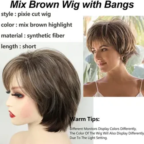Short Brown Pixie Wigs for White Women Human Short Hair Wigs with Bangs Mixed Blonde Straight Synthetic Fiber Cut Layered Wigs