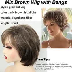 Kuerz Braun Pixie Perücke fir Wäiss Fraen Mënsch Kuerz Hoer Perücken mat Bangs Mixed Blond Riichtaus Synthetesch Fiber Cut Layered Perücken