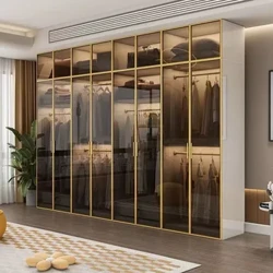 Tủ Quần Áo Trong Suốt Cửa Kính Tay Cầm Vàng Bên Trong Đèn Bắc Âu Thiết Kế Châu Âu Vách Ngăn Tủ Quần Áo Nội Thất Phòng Ngủ Komody