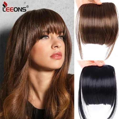 Frangia smussata sintetica diritta naturale Fibra ad alta temperatura Marrone Donna Clip-In Frangia completa con frangia di capelli Leeons da 6 pollici