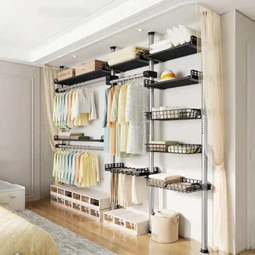 Wardrobes Oscailte Nua-Aimseartha Crochtóir Éadaí Spáis-shábháil ilfheidhmeach Raca Wardrobe Seomraí Leapa Urlár go síleáil Clóis éadaí cúinne