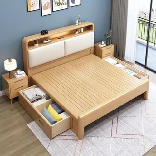 Muebles multifuncionales, estructura de cama de madera maciza, cama de madera de roble con cabecera de almacenamiento para dormitorio